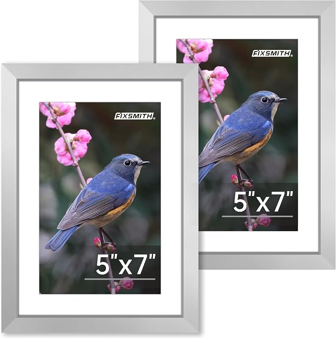 FIXSMITH 5x7 Picture Frame Set of 2, Silver Photo Frame with HD Plexiglass, Display Pictures 4x6 with Mat or 5x7 Without Mat Multi Picture Frames Collage for Tabletop or Wall Display