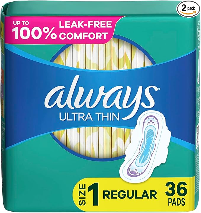 Always Ultra Thin Feminine Pads for Women, Size 1 Regular Absorbency, Multipack, with Wings, Unscented, 36 Count x 2 Packs (72 Count Total)