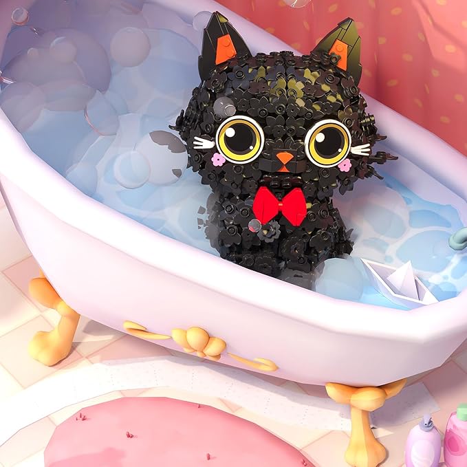 Black Cat Mini Brick Set | Creative Flower Blossom Puss Building Toy for Adults & Kids | Cute Animal Model Desk Decoration Gift (1651pcs)