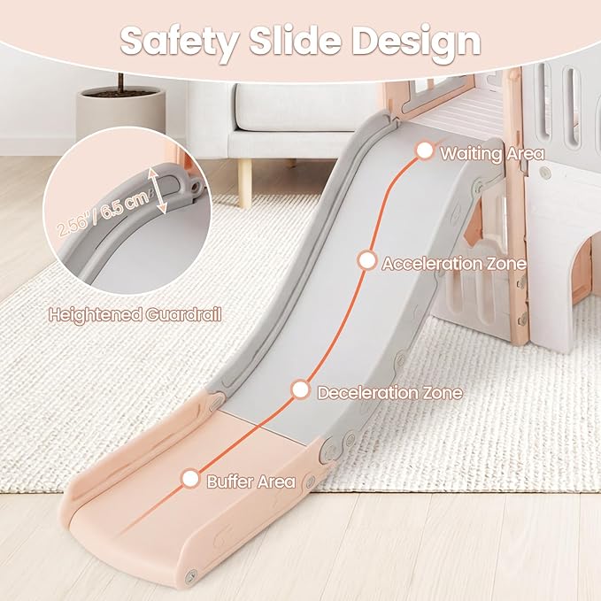 OLAKIDS Toddler Slide, 9 in 1 Kids Indoor Outdoor Playground with Climber Basketball Hoop Telescope Tunnel Corridor Toy Storage Steering Wheel for Boys Girls Aged 1+ (Pink)