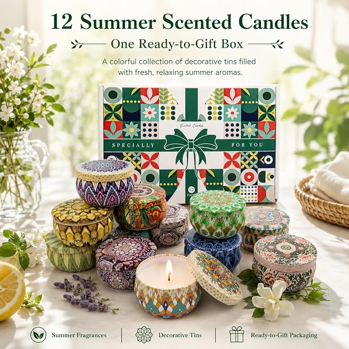 Scented Candles Gift Set, 12 Pack Summer Soy Wax Travel Tin Candles, Refreshing Summer Aromatherapy Scents for Home Spa Relaxation, Gifts for Women