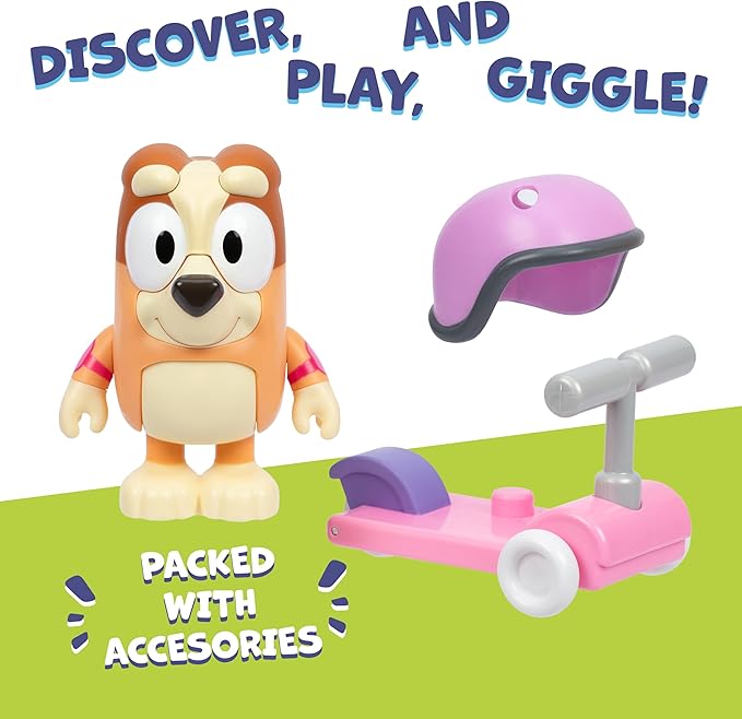 Bluey Chat Mates and Accessory Scooter Bingo Figurine Playset, Articulated, Kids Figurines with 10 Phrases, Interactive Play Figure Toys for Ages 3+