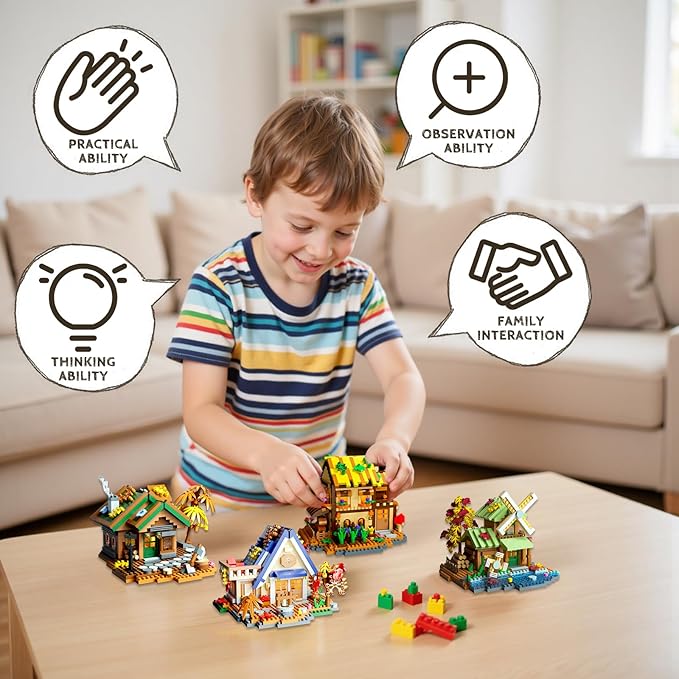 4 Styles Forest Flowers Wood Frame Cabin Mini Micro Building Blocks Set - Exquisite Cottage Construction Toys, Fun DIY Project for Adults & Kids, Premium Gift for Block Enthusiasts