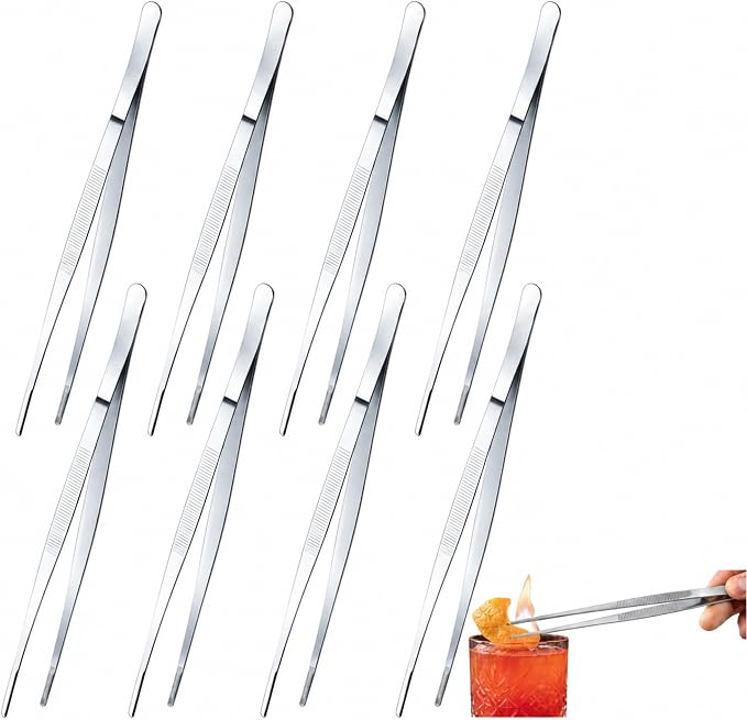 Yaomiao 8 Packs 12 Inch Bar Tweezers Silver Cocktail Tongs Long Garnish Tweezers Stainless Steel Bartender Kitchen Cooking Tongs for Cocktail Food Fruit Korean BBQ Bartender Chef, Multi-use