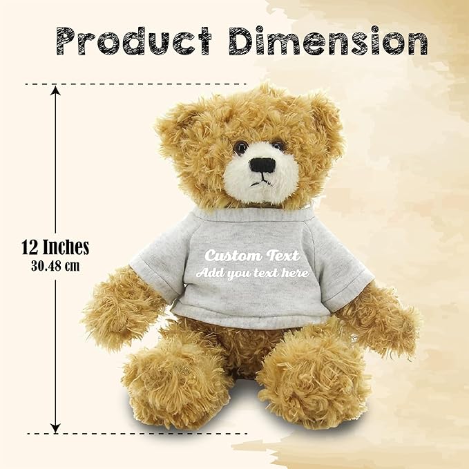 Customized Beige Brandon Bear - 12 inch Personalized Stuffed Bear Plush Toy - Perfect Custom Shirt Bear Gift for Graduation Valentines Graduation Easter Holidays (Gray Shirt)