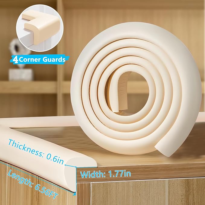 ZOMPAGO Baby Edge Protector Roll (6.56FT) & 4 Corner Guards - White Foam Furniture Corner Protectors - Baby Proof Corners and Edges for Table, Wall, Bed Frame - Baby Proofing Safety Bumpers