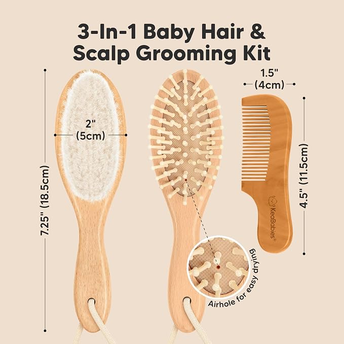 Wooden Baby Hair Brush Set for Newborns, Toddlers - Soft Goat Bristle Baby Brush and Comb Set Newborn Grooming Kit for Cradle Cap Care, Durable & Gentle, Boy, Girl Infant Essentials (Regular, Walnut)
