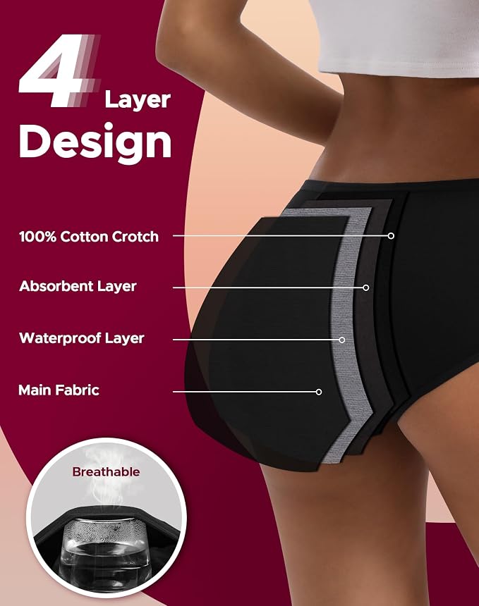 INNERSY Period Underwear for Women Teens Leak-Proof Menstrual Cotton Protective Hipster Panties 3-Pack