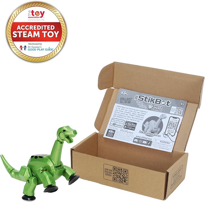 Zing Stikbot MEGA Dino, 6" Long x 3" Tall StikBot, Create Stop Motion Animation, Age 4+ (Metallic Green - Brontosaurus)