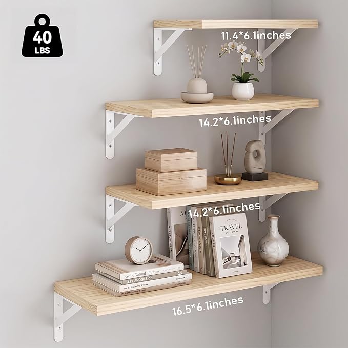 YGEOMER Floating Shelves for Wall, Different Sizes Natural Wood Wall Shelves for Living Room, Bathroom, Bedroom, Kitchen, Home Decor (Set of 4)