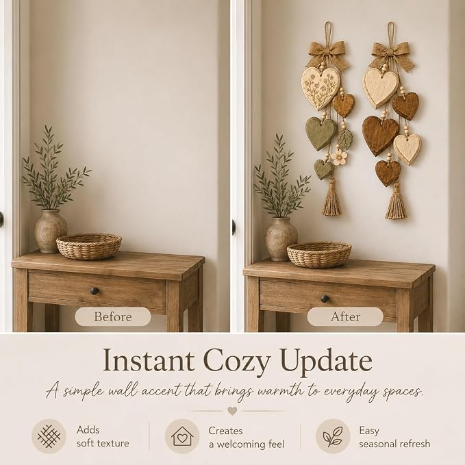 Rustic Solid Wood Heart Wall Hanging, Farmhouse Burlap Bow Decor with Distressed Wooden Hearts & Pendants, Romantic Art for Bedroom & Home Room, Vintage Charm Art Decor Signs(All Styles)