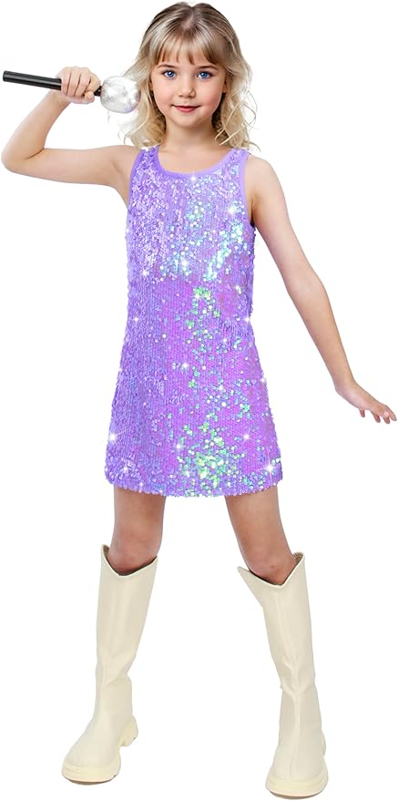 Girls Sequin Dress Sparkly Sleeveless Costume Prom Concert Party Outfit with Glitter Microphone Prop