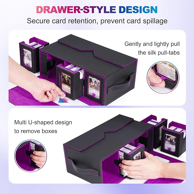 UAONO Commander Deck Box for MTG, 6-Deck Modular Card Case with Dice Tray Holds 600+ Double-sleeved Cards, Removable Trading Cards Storage Box with 35PT Magnetic Card Holders for TCG, Black Purple