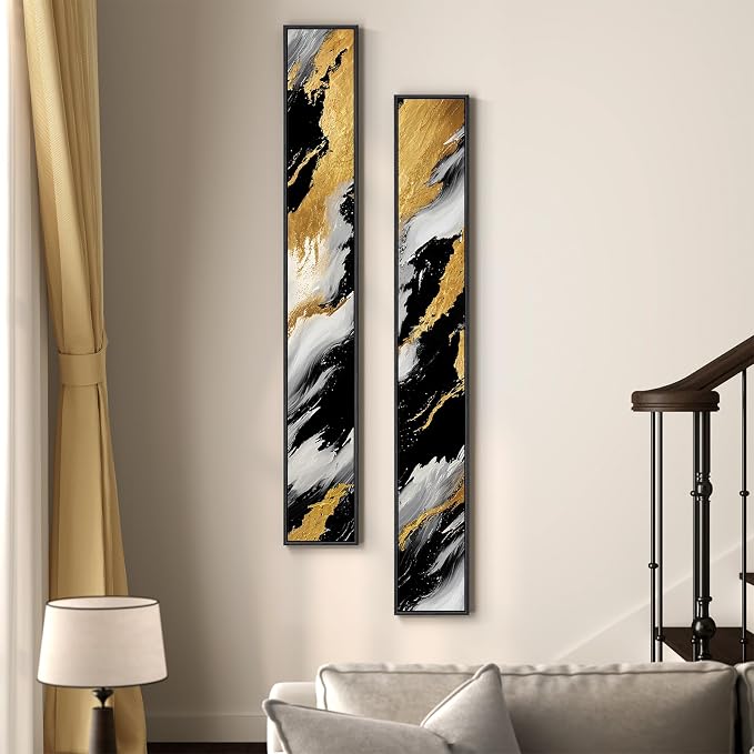 Framed Vertical Black and Gold Abstract Wall Art Set of 2, Modern Long Narrow Canvas Prints Paintings Artwork for Walls, Minimalist Luxury Pictures for Living Room Bedroom Entryway Hallway Wall Decor