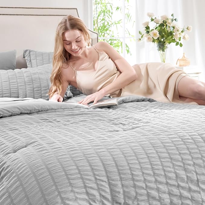 CozyLux Full Size Comforter Sets with Sheets 7 Pieces, Light Grey Seersucker Bed in a Bag Textured Luxury Soft Light Gray Bedding Set Down Alternative Comforter, Sheets, Pillowcases & Shams All Season