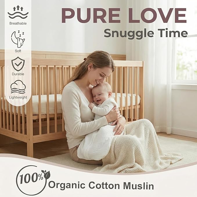 BSTOPPT 2 Pack Baby Sleep Sack 6-12 Months 100% Organic Cotton Muslin Baby Sleeping Bag 2-Way Zipper Wearable Blankets TOG 0.3 (White & Light Gray, Medium)