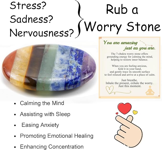 Worry Stone Crystals and Healing Stones Anxiety Fidgets Natural Meditation Accessories 7 Chakra Thumb Sensory Mental Health Depression Stress Anxiety Relief Items Mother's Day Gifts for Women