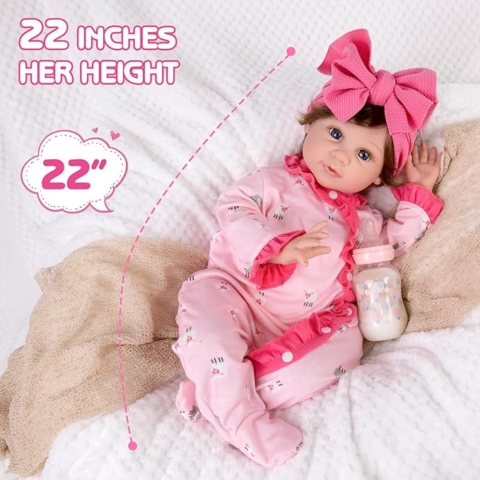 Aori Reborn Baby Dolls 22 Inch Realistic Baby Girl - Lifelike Weighted Newborn with Realistic Wig Hair, Magnetic Pacifier & Pink Outfit, Gift for Collectors, Kids 3+