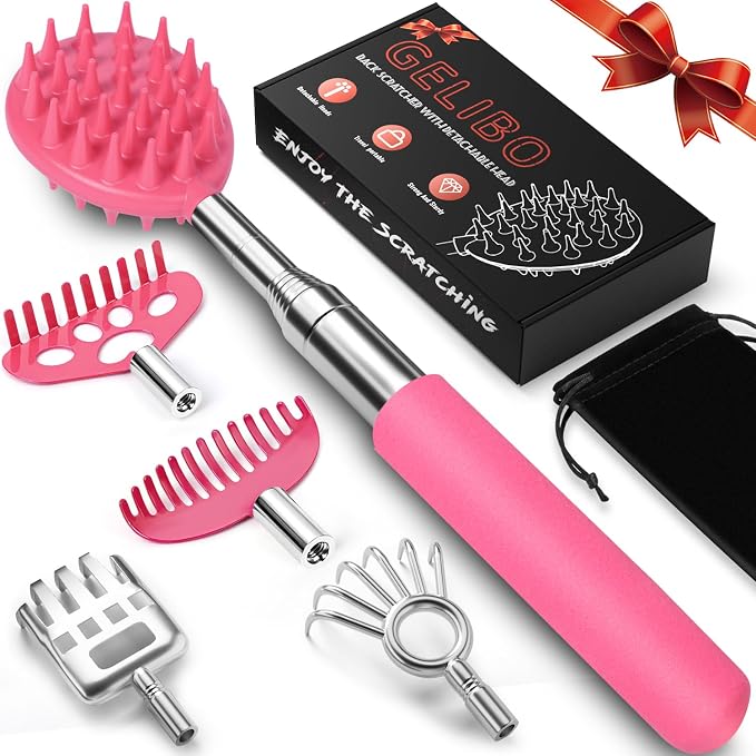 Gelibo Telescoping Back Scratcher with 5Pcs Detachable Heads, Extendable Back Massager Tool, Fathers Day Dad Gifts from Wife Daughter Son, Mens Gifts, Husband, with Beautiful Box - Pink