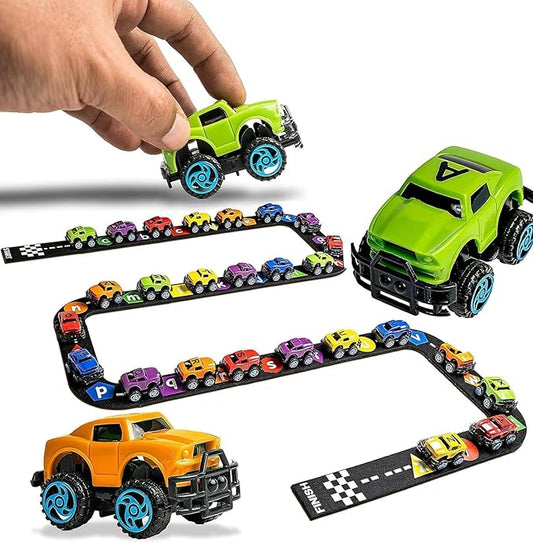 Skoolzy 36-Piece Alphabet Cars - Alphabet Learning Toys with Felt Track Set for ABC Recognition - Ideal Manipulatives for Preschoolers, 3 Year Old Boy Gift, and Toys for 2 Year Old Boys