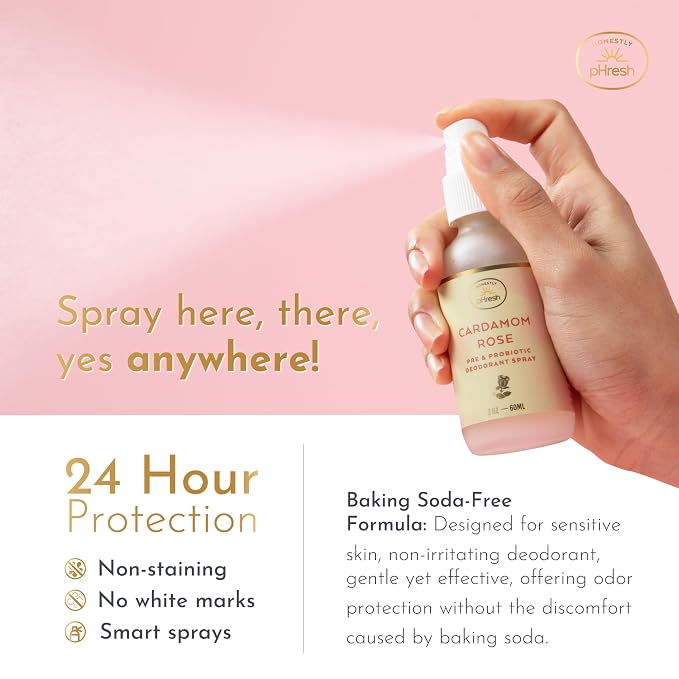 Honestly pHresh Pre & Probiotic Deodorant Spray for Women – Aluminum & Baking Soda Free Natural Deodorant Mist with 24-hour Odor Protection – Vegan, Made in USA - Cardamom Rose Scent, 2floz