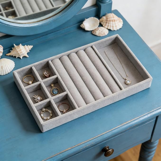 Velvet Jewelry Organizer Tray, Gray 3-in-1 | Stackable Jewelry Storage Display Tray with Removable Dividers for Drawer Dresser Cloest Organizer