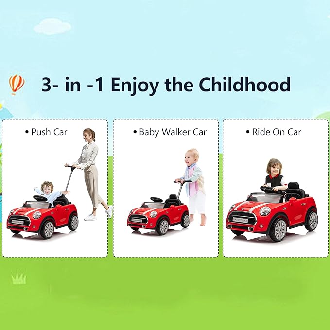 Kids Push Car, Ride On Car, Licensed MINI Cooper Toddler Push Car Toy with Adjustable Push Rod, Horn Music, Seat Belt,Silent Wheels - Ideal Stroller Substitute for Kids 1-3Years Old