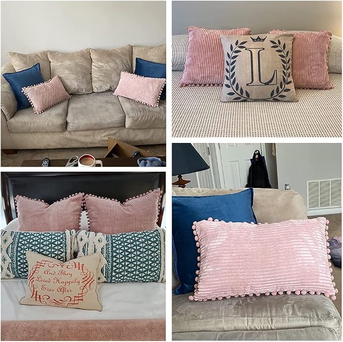 Fancy Homi Set of 2 Blush Pink Decorative Throw Pillow Covers 12x12 Inch with Pom-poms for Couch Bed Sofa, Modern Farmhouse Boho Home Decor, Soft Plush Corduroy Cute Cushion Case 30x30 cm