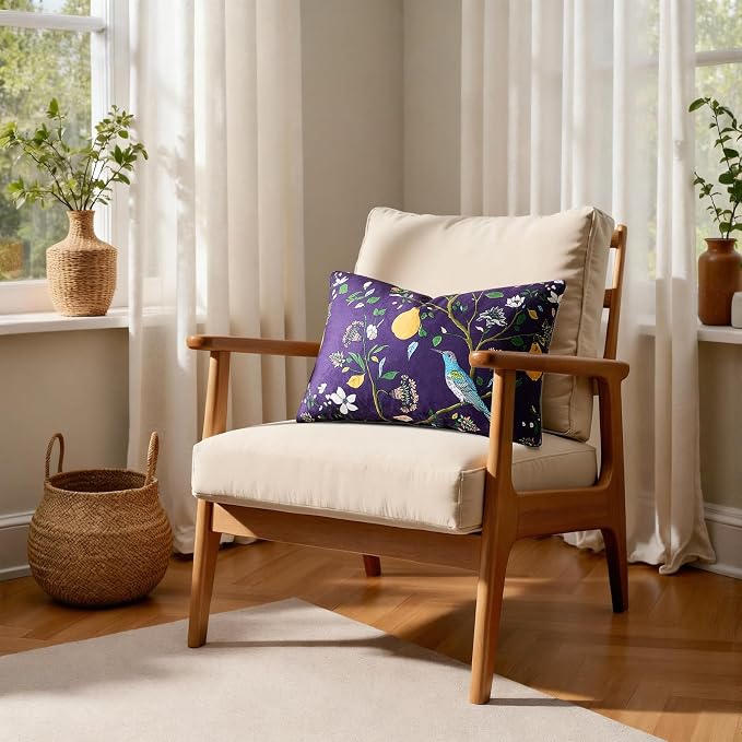 MUSSEL Purple Velvet Floral Decorative 20x20 Pillow Covers Set of 2 | Durable Sturdy,Botanical Printed Pattern,Throw Pillows Case,Square,Colorful Mid Century Cushion Covers,Sofa Couch Decor