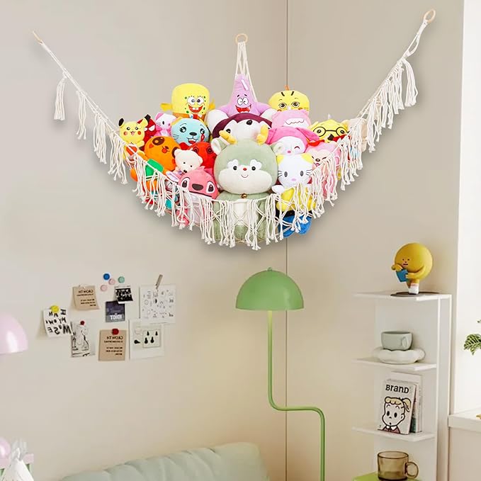 Stuffed Animals Hammock with LED Light Included 2Batteries - 63 inch XX-Large Boho Style Toy Storage Net - Corner Hanging Hammock for Small or Large Plushies Organize & Girls Room Decor, Baby Nursery