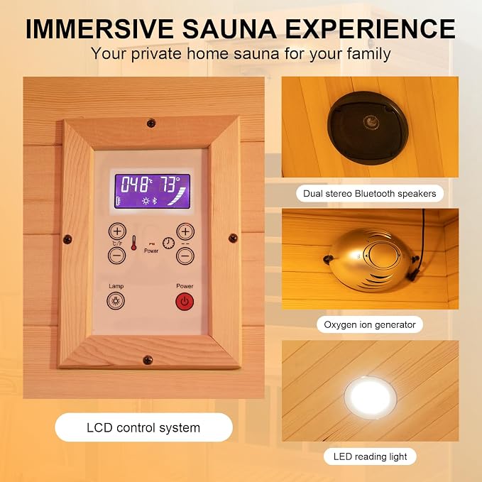 Far Infrared Wood Sauna, 1 or 2 Person Home Canadian Hemlock Luxurious Wooden Traditional Indoor Sauna, 2300W Spa Room with Recliner, 8 Heating Element, Bluetooth Speaker, Lights, Oxygen Bar