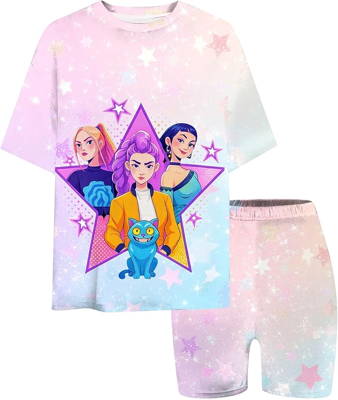 K-POP DEM0N Hunters Outfits for Girls, 2 Piece T-Shirts and Apparel Sets Birthday Gift