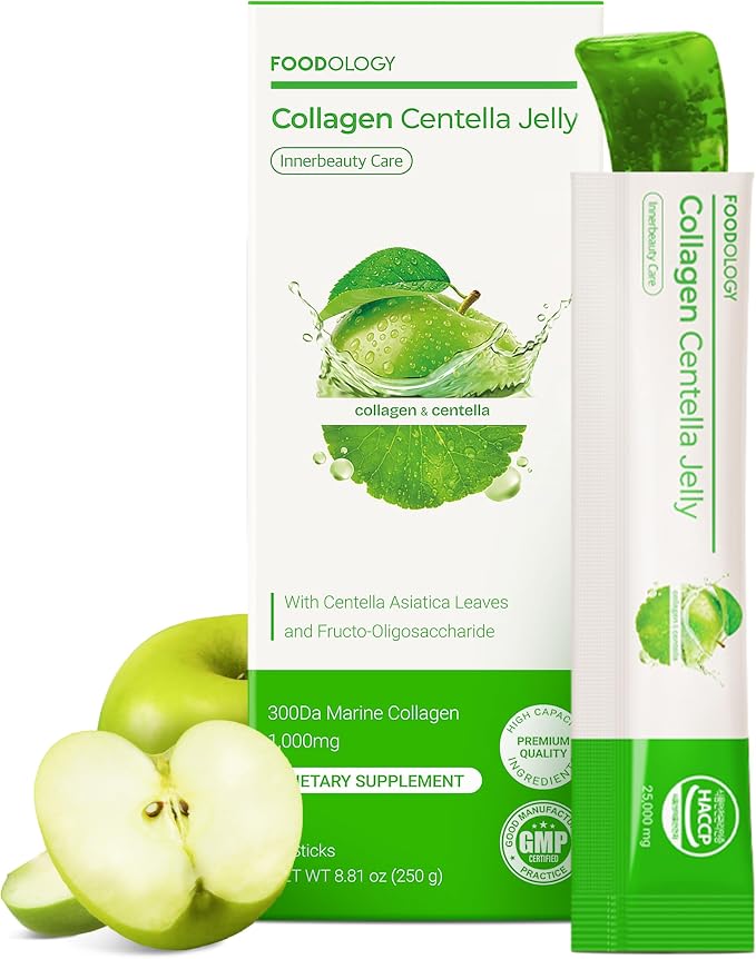 FOODOLOGY Coleology Centella Jelly Collagen Petide, Gree Apple, 10 Sticks | PDRN, Biotin & Hyaluronic Acid, Vitamin for Skin Glow, Hair & Nail Support, Korean Jelly Collagen Sticks