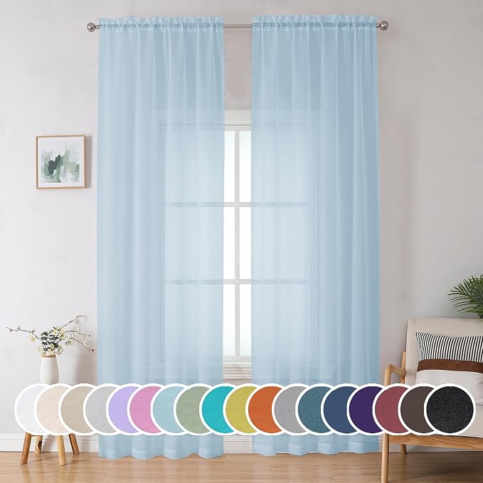 OWENIE Sky Blue Sheer Curtains 90 Inches Long for Bedroom Living Room 2 Panels Set, Light Filtering Voile Light Blue Sheer Curtain, Airy Rod Pocket Farmhouse Curtains, 42Wx90L, Sky Blue