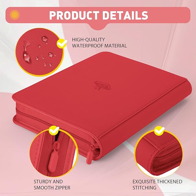 Trading Card Binder 9 Pocket, 360 Pockets Double-Sided Card Album, Premium PU Leather Zipper Card Holder for MTG, TCG, Sports & Game Cards, Must-Have for Collectors（Red）