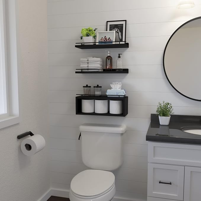 Floating Shelves for Wall with Cube Shelf, Wall Shelves with Metal Rail for Bathroom Decor, Bathroom Organizers and Storage, Over Toilet Shelves for Toilet Paper-Black