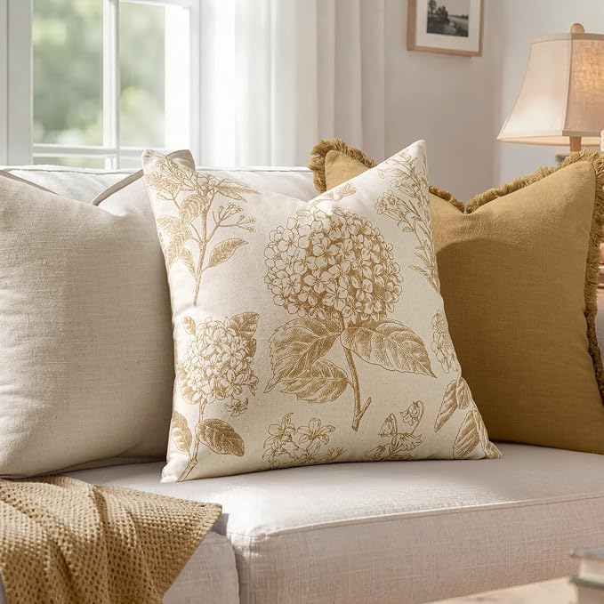 Set of 2 Decorative Floral Pillow Covers 20x20 Inch Light Yellow | Neutral Hydrangea Print, Boho Vintage Throw Cushion Covers, Cottagecore Home Decor, for Sofa Couch Porch Bedroom Living Room