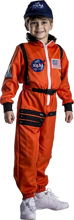 Dress Up America Kids NASA Astronaut Costume – Orange Space Suit with Cap – Realistic Halloween & Dress-Up Outfit