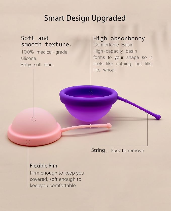 Reusable Menstrual Disc, Ultra-Soft Medical-Grade Silicone Period Disc for Women Wear 12 Hours 2 Size for Light & Heavy Flow Removal String (Purple+Pink, L+S)