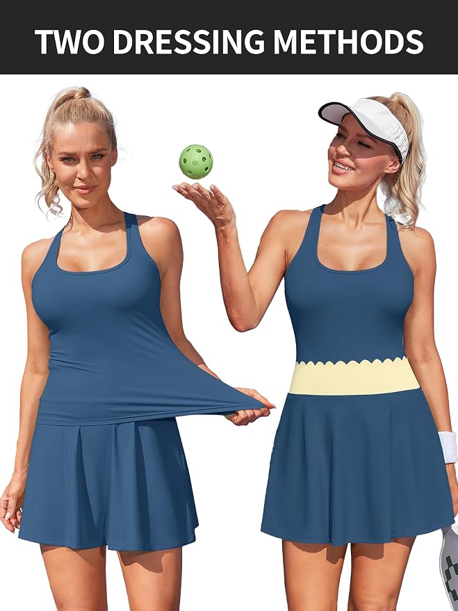 ATTRACO Tennis Outfits for Women Racerback Golf Dress Workout Dress | Athletic Skirt Set, Built-in Shorts, 2 Pockets, Scalloped, Racerback, High Waisted, Pickleball, Workout Set