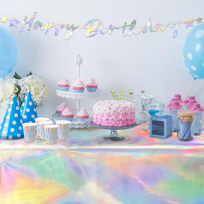Iridescent Party Supplies - Disposable Paper Plates, Cups, Napkins, Tablecloth & Banner - Ideal for Mermaid Themed Events & Birthday or Wedding Party Decoration - Serves 25
