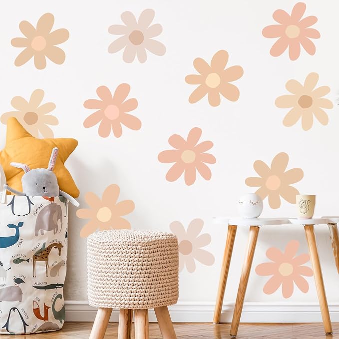 TaoBary 12 Sheet Daisy Wall Sticker Decal,Light Color,Bobo Style | Big Flower Wall Sticker, Pink White Floral Decal, Daisy Bedroom Room Decor, Removable Peel and Stick, Nursery Home Wall Decor