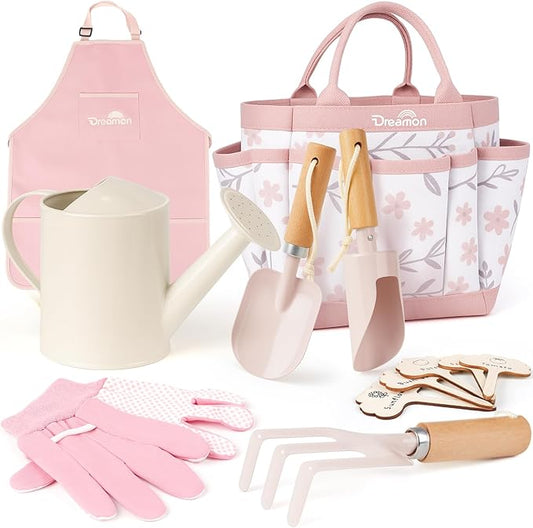 Dreamon Gardening Set Toys for Kids, Quality Garden Tool Kit Includes Tote Bag, Apron, Gloves, Shovel, Rake, Cultivator, Watering Can, STEM Learning Outdoor Gifts for Kids Toddlers (Pink)