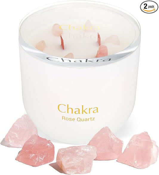 Rose Quartz Crystal Candle, 12oz Soy Wax Aromatherapy for Meditation & Stress Relief, Dual Crackling Wood Wicks, 6 Authentic Crystals Inside, Spiritual Healing Gift for Women, Chakra Balancing