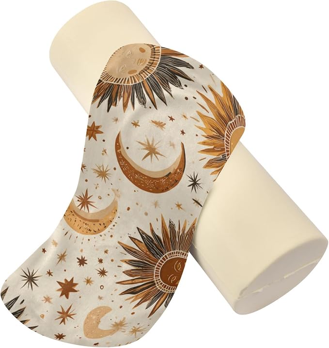 Brown Boho Sun Moon Neck Roll Pillow Bolster Round Health Memory Foam Long Cervical Cylinder Pillows with Removable Washable Cover for Body Bed Legs Back Yoga