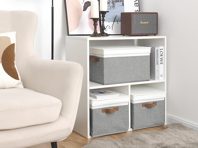 StorageWorks Storage Bins with Lids, Decorative Storage Boxes with Lid and PU Handles, Foldable Storage Baskets for Closet, Shelves, Stackable, Gray and White, Jumbo, 3-Pack | Lidded Dust-proof, Easy Pull Handles, Foldable, Stackable, Ideal for Clothes...