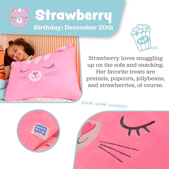 Saint Eve Kids Pillow Pals Fuzzy Pillow Case, Cute Animal Friends Soft Pillow Cover for Kids Beds and Nap Time - Strawberry the Cat