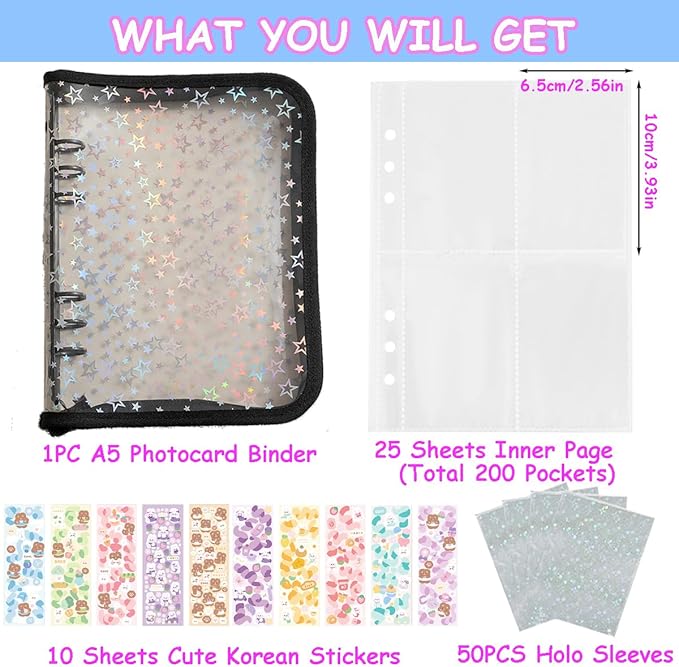 Kpop Photocard Binder with 6 Stickers Sheet & 50 Shinning Protective Sleeves Kpop Photocard Holder Book with Kpop Photocard, A5 Binder Photocard Album 30 Inner Pages with 240 Pockets (Blacklittlestar)
