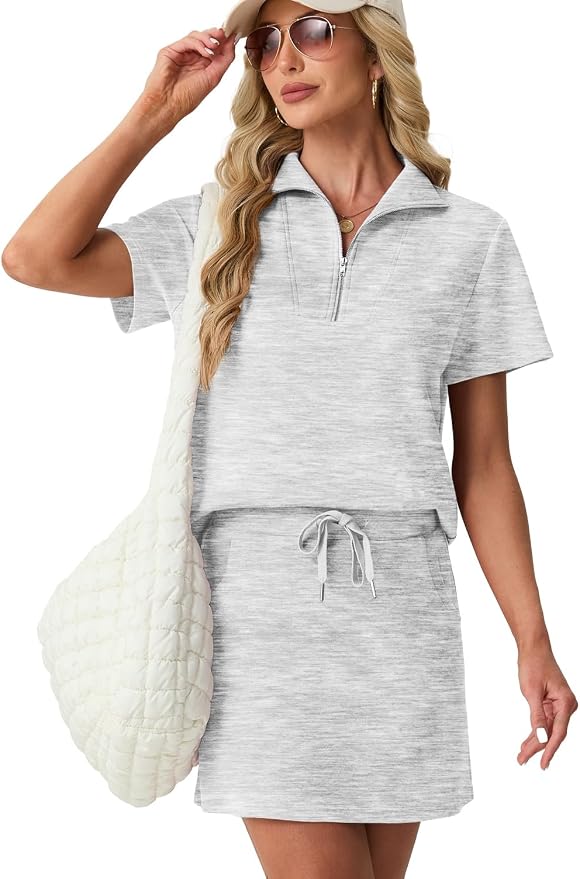 GRECERELLE Women's Summer 2 Piece Skort Set Half Zip Short Sleeve Top & Pocketed Tennis Skirt For Sports & Vacations.