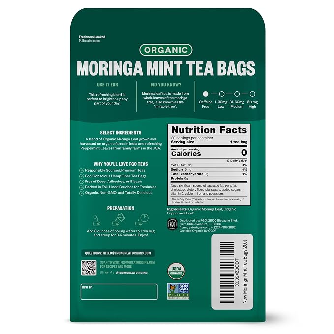FGO Organic Moringa Mint Tea, 20 Count, Eco-Conscious Herbal Tea Bags, Resealable Bag, Caffeine Free, Packaging May Vary (Pack of 1)